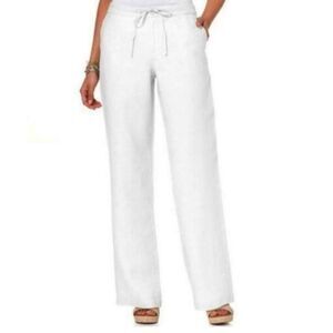 Charter Club White Lined 100% Linen Coastal Beachy Travel Straight Leg Pants L